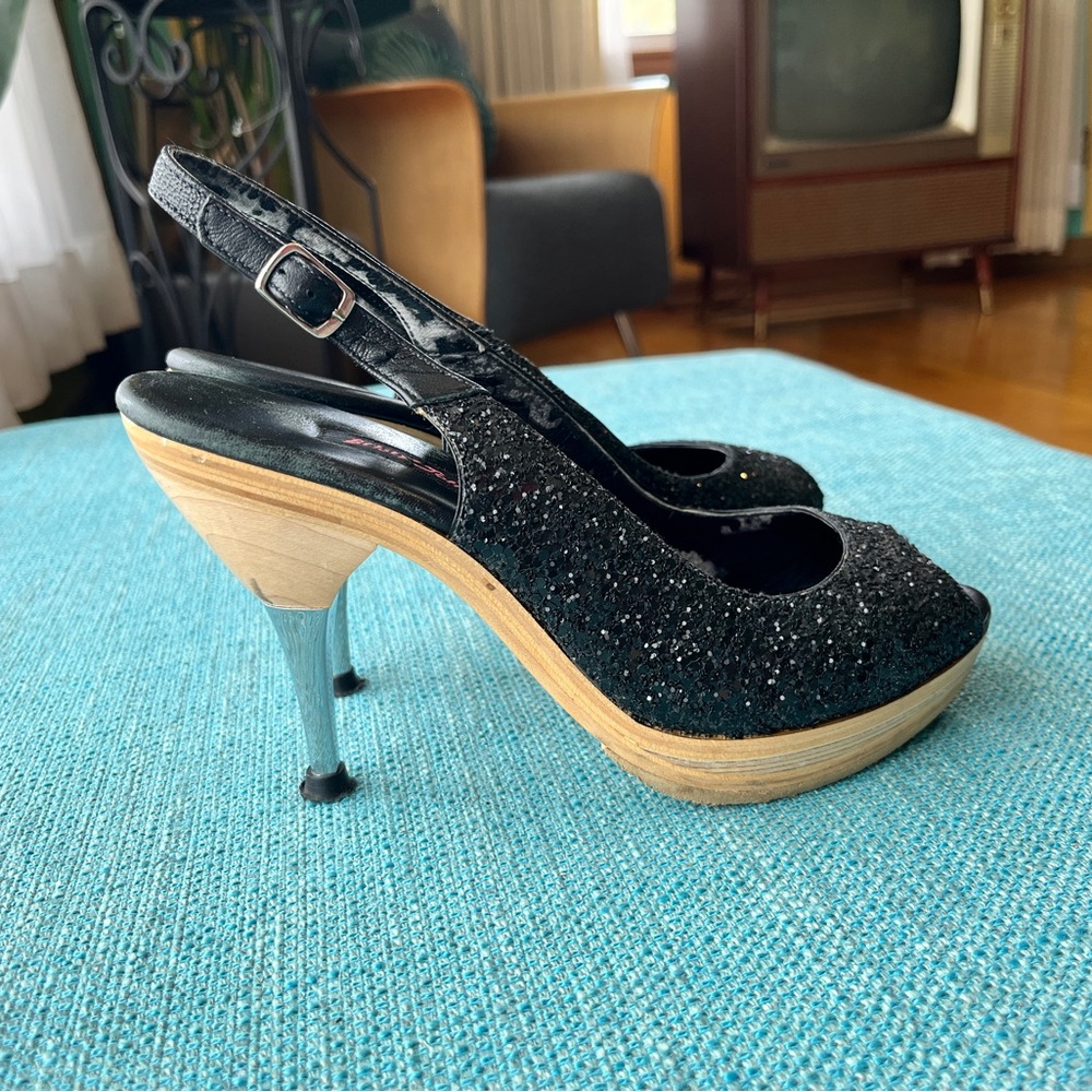 Betsey Johnson Black Glitter Slingback Polly Heels Mules 7